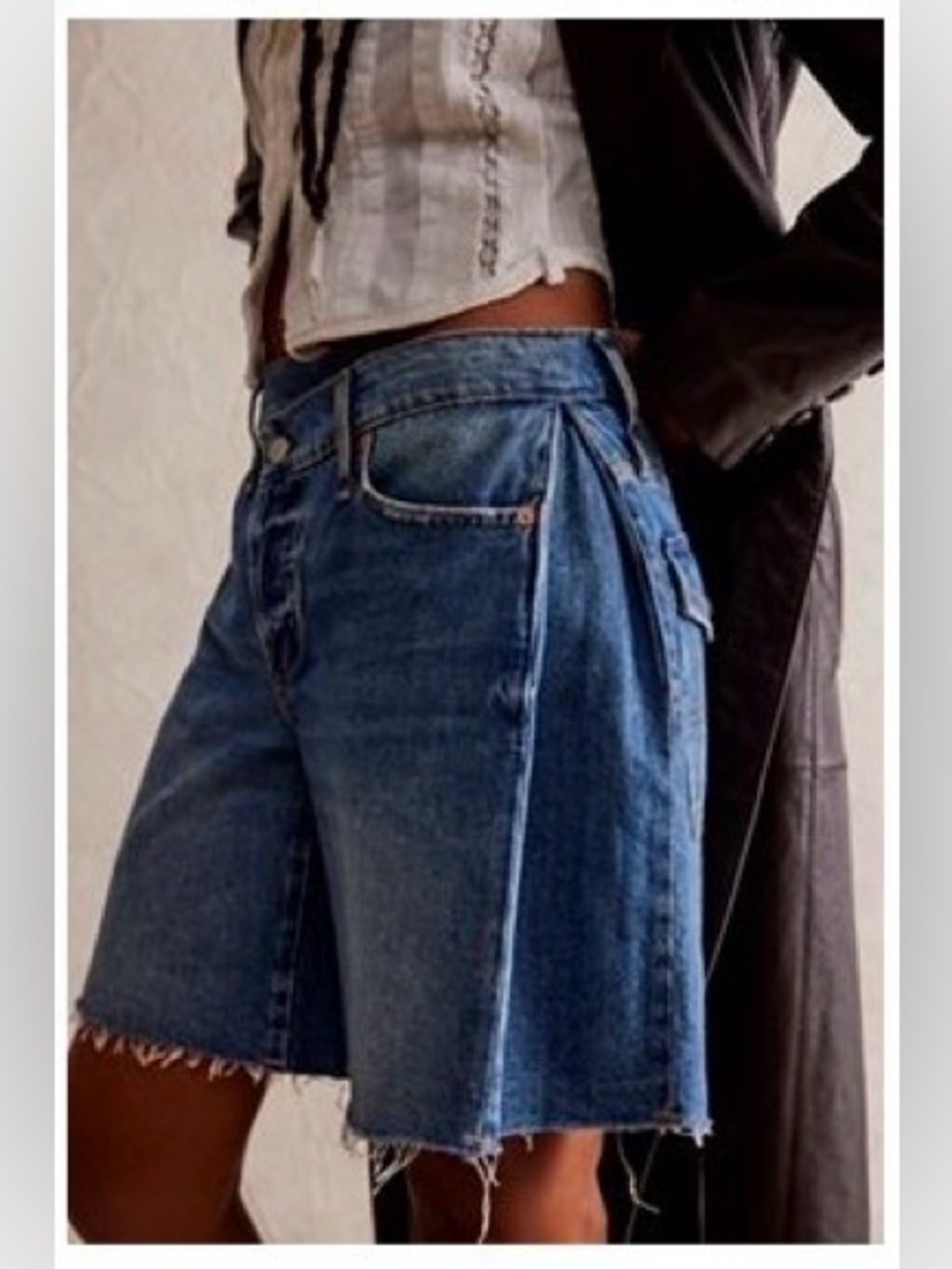 We The Free Free People Boomerang High Rise Long Shorts Blue Cotton Denim Sz 28